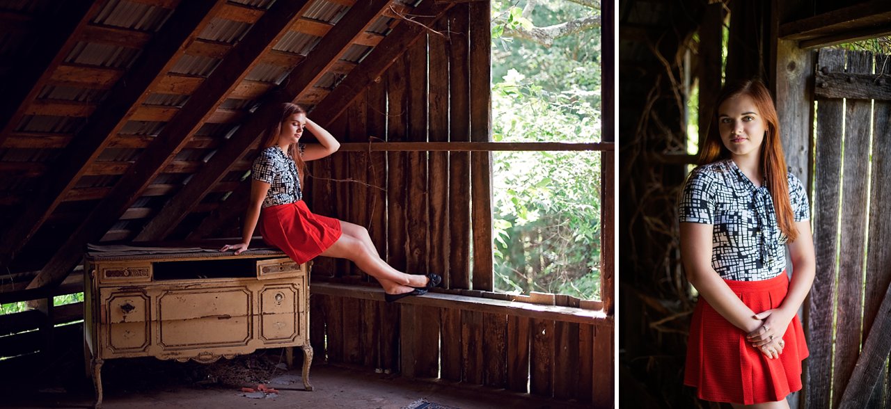 Senior girl portrait session in abandoned barn