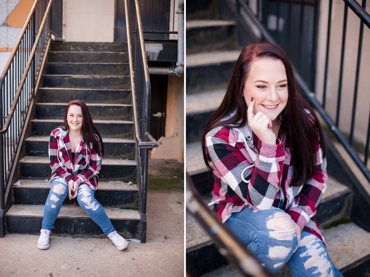 Urban senior girl portrait session wearing plaid shirt and jeans Richmond, VA Canal Walk