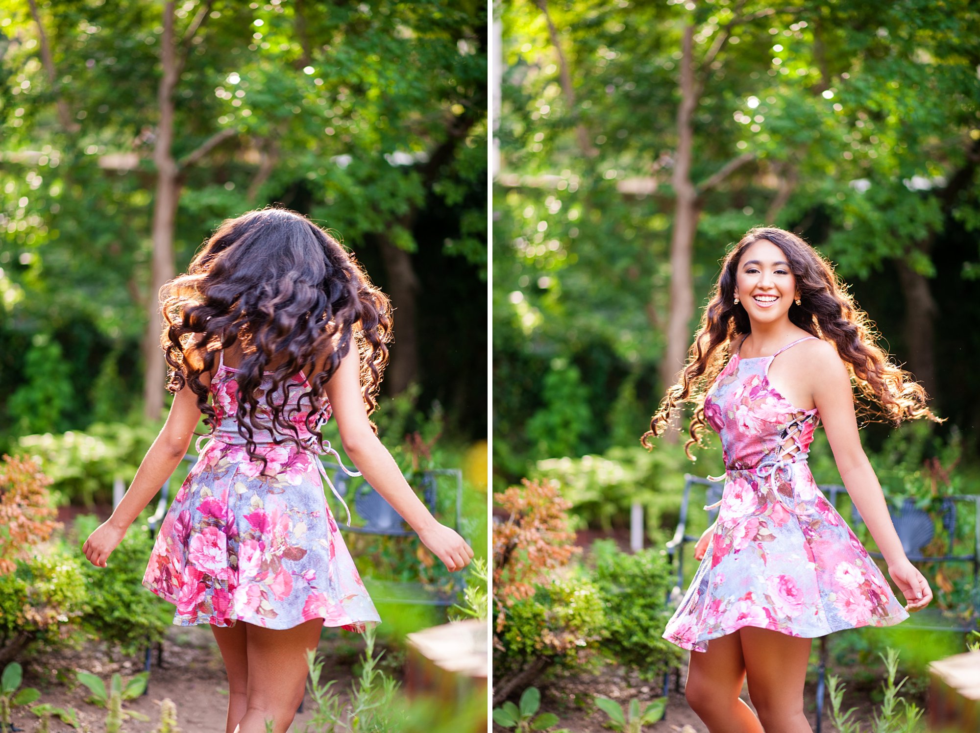 High School Senior Pictures Old Town Fredericksburg Virginia dark haired girl with pink dress twirling