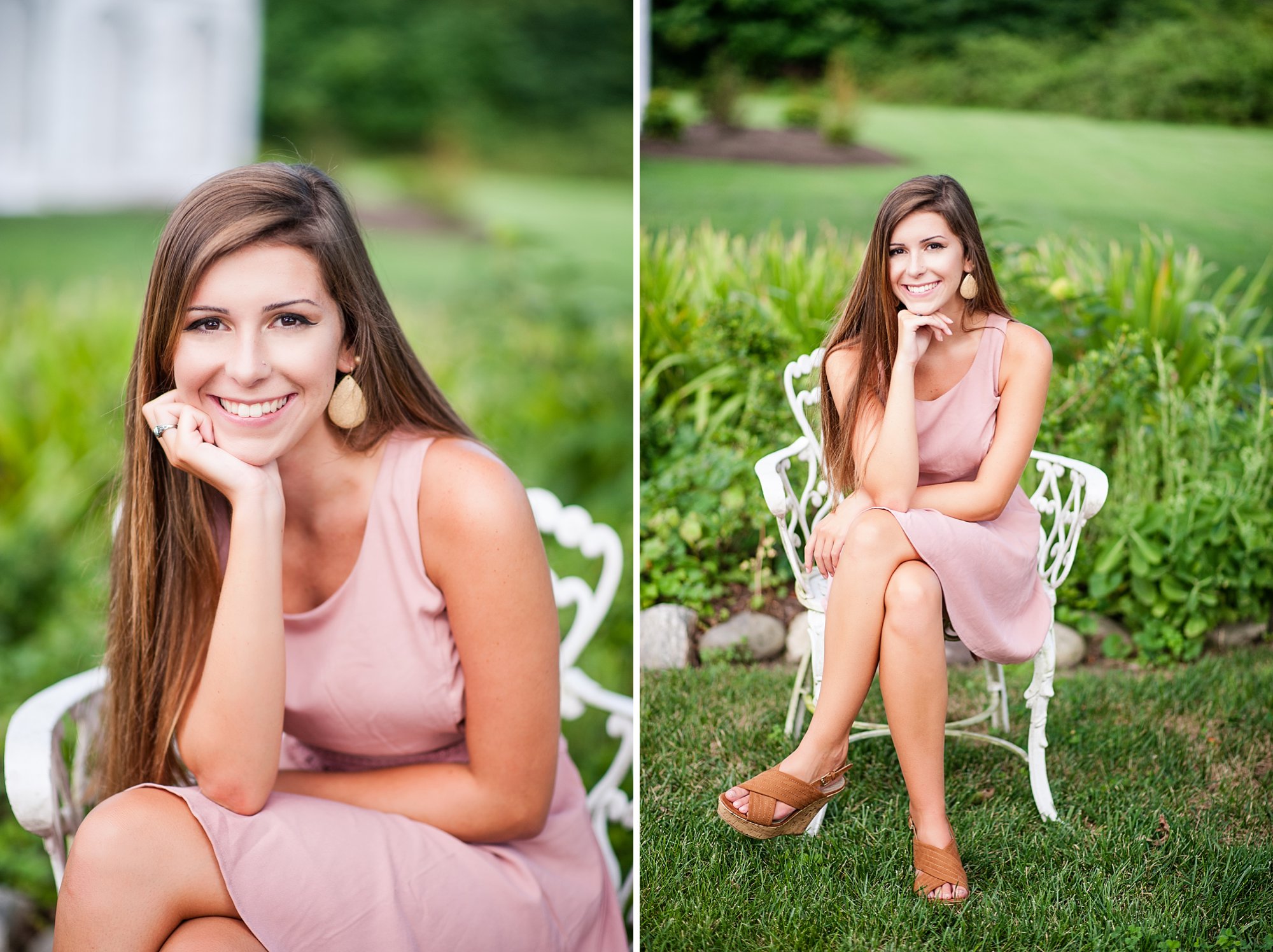 senior girl portrait session with pink dress sitting in white chair, richmond virginia senior pictures at amber grove