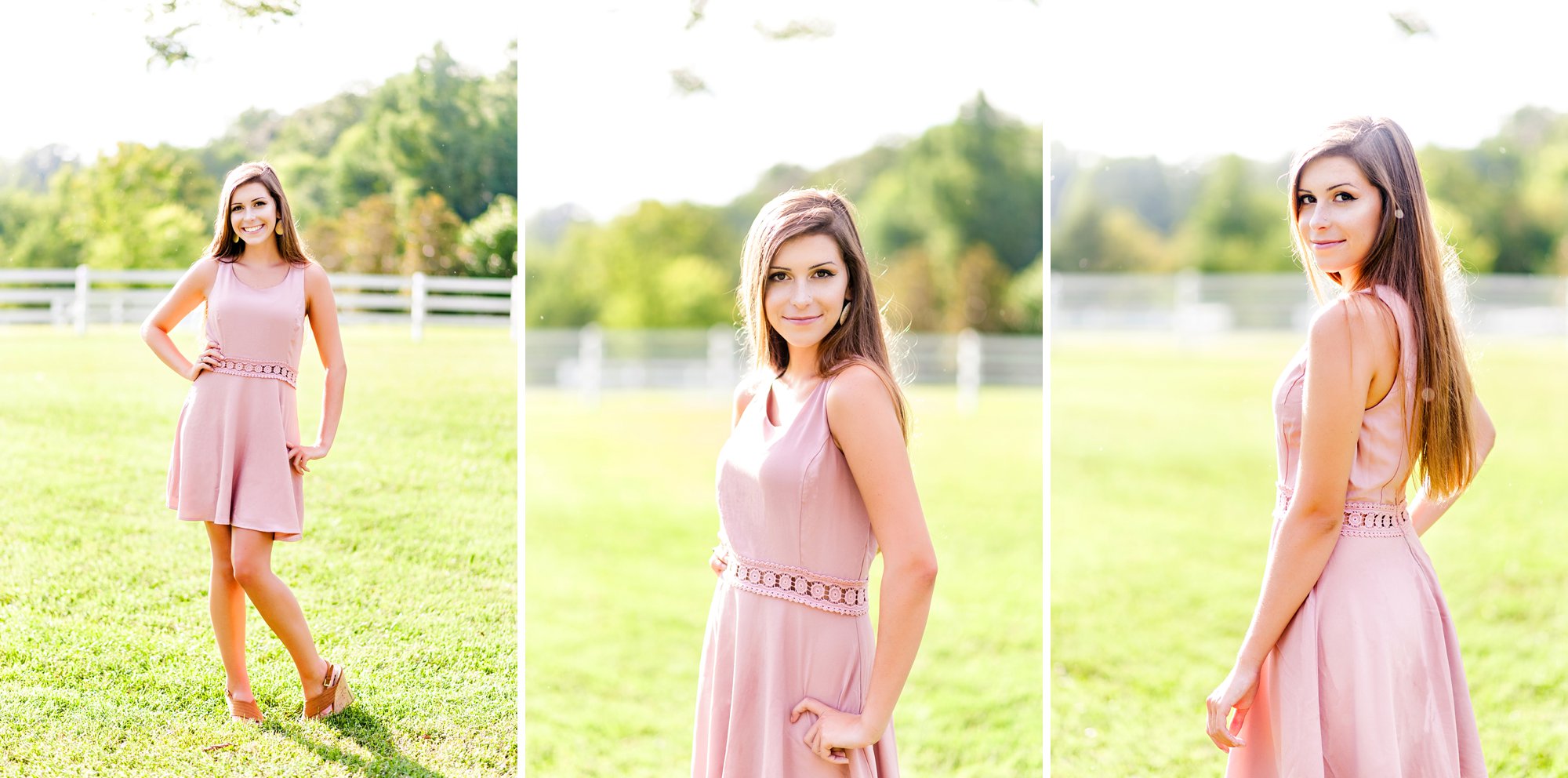 senior girl portrait session wearing pink dress with gorgeous back light, richmond senior pictures at amber grove