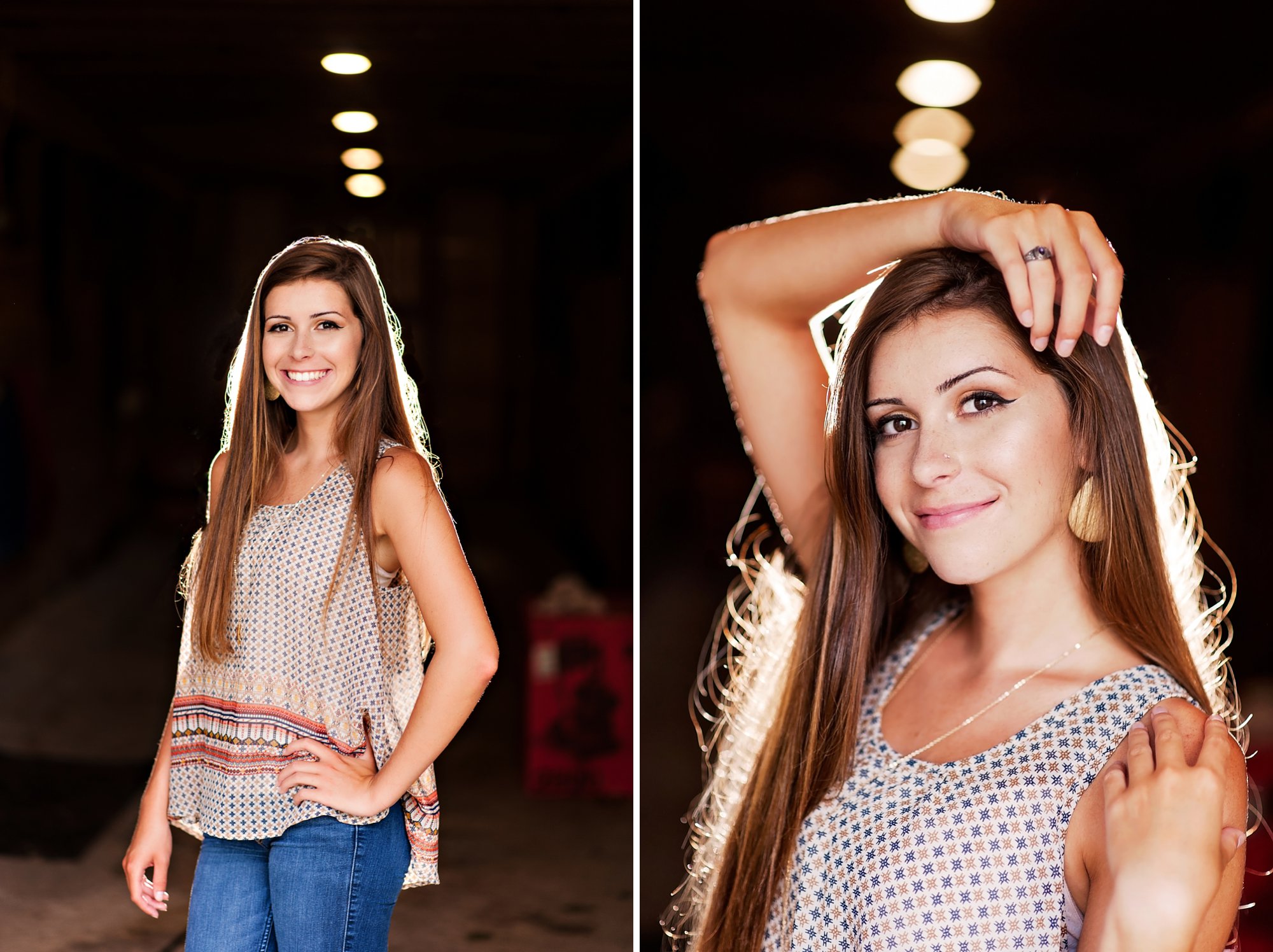 richmond senior girl pictures at amber grove in barn with back light