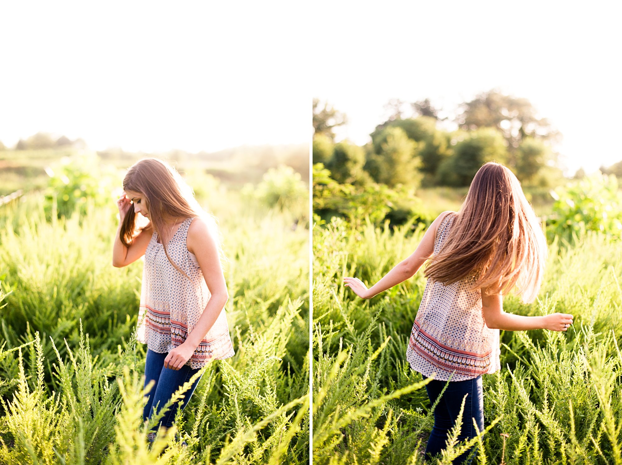 richmond senior girl pictures in field of tall grass at sunset with gorgeous back lights