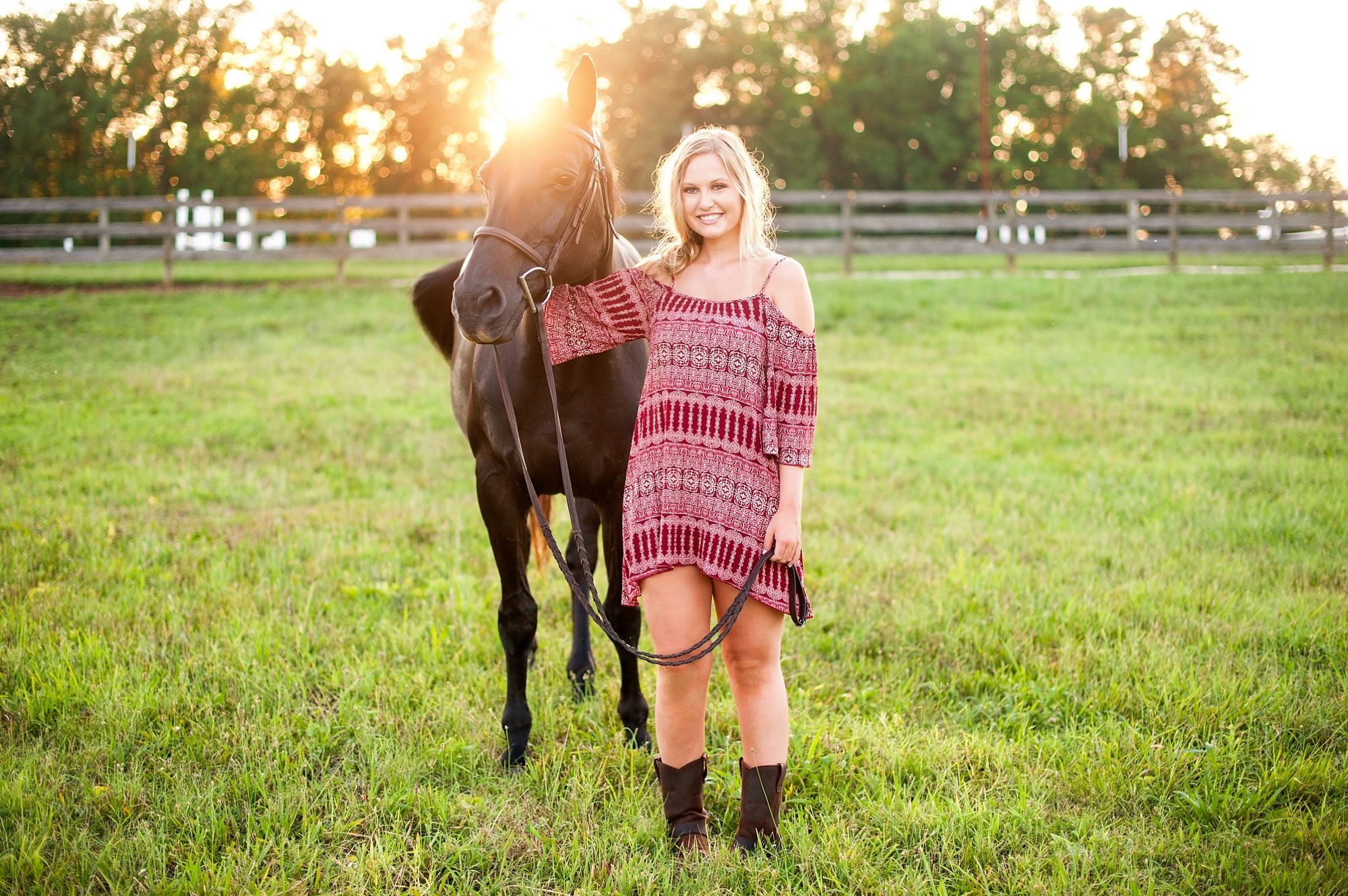 goochland high school senior girl with horse in field at sunset richmond virginia