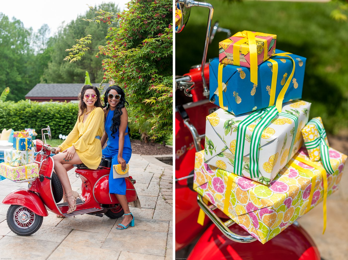 cabana styled birthday party with girls on red vintage vespa with presents bandit's ridge louisa, va