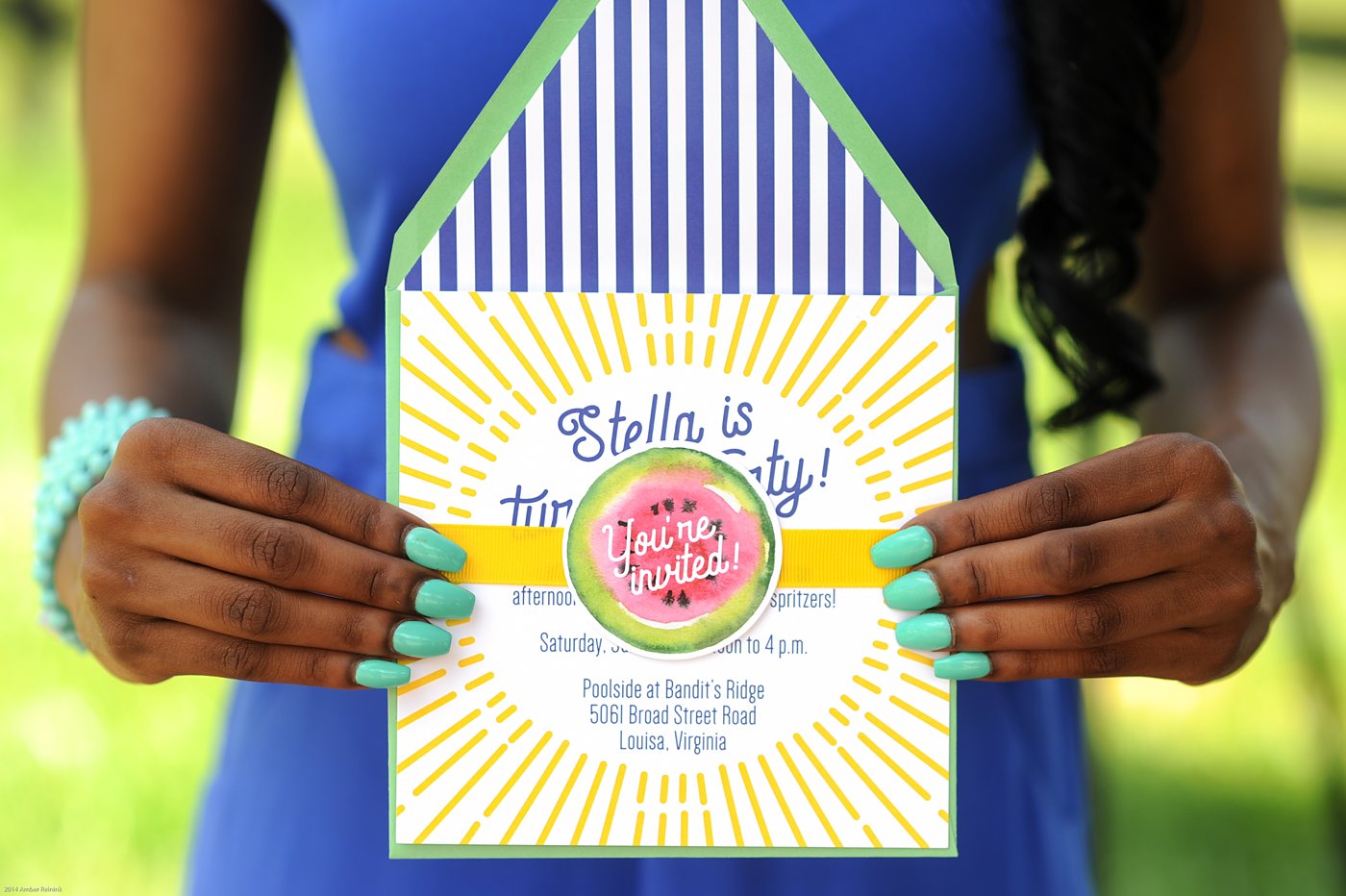 birthday party invitation to vintage cabana inspired birthday party with bright pops of color and stripes at bandit's ridge Louisa, VA by Riot and Revel