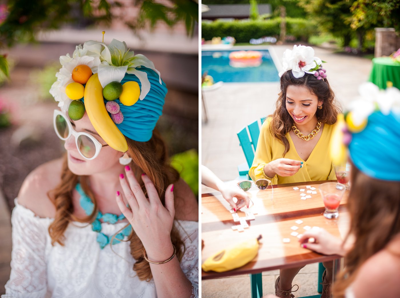 vintage cabana inspired birthday party with amazing fruit and flower headpieces