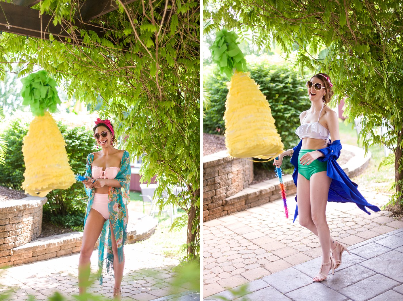 Girls in vintage inspired bathing suits swinging at pineapple pinata