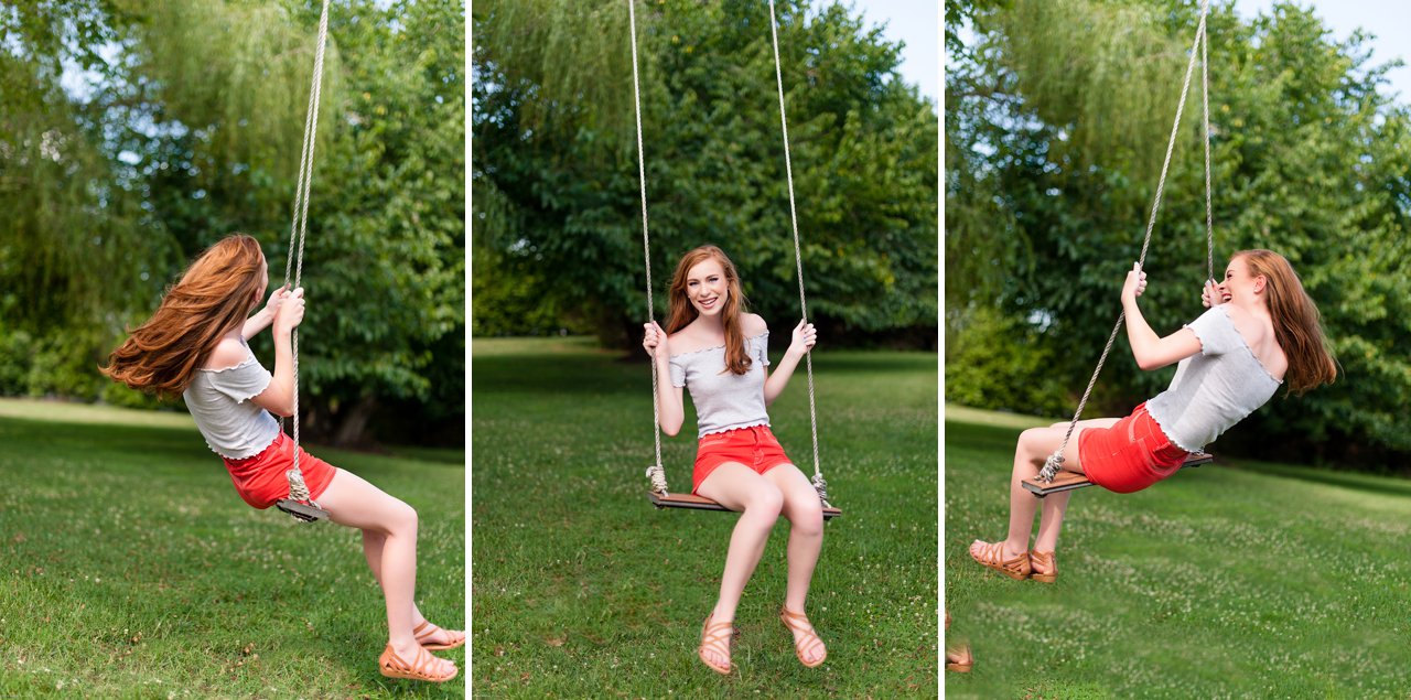 high school senior portraits posing on a swing