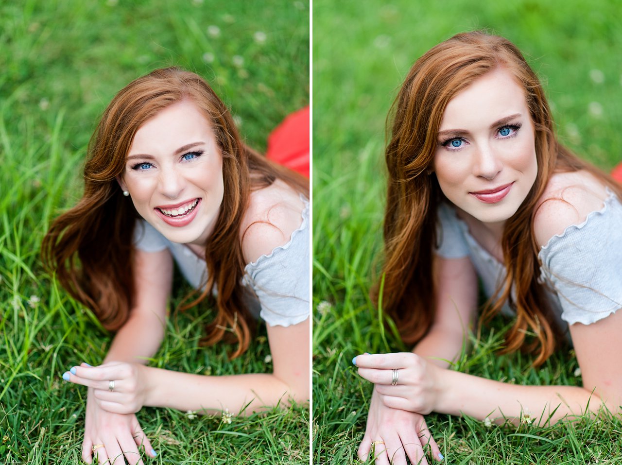 high school senior portraits with red head laying in grass