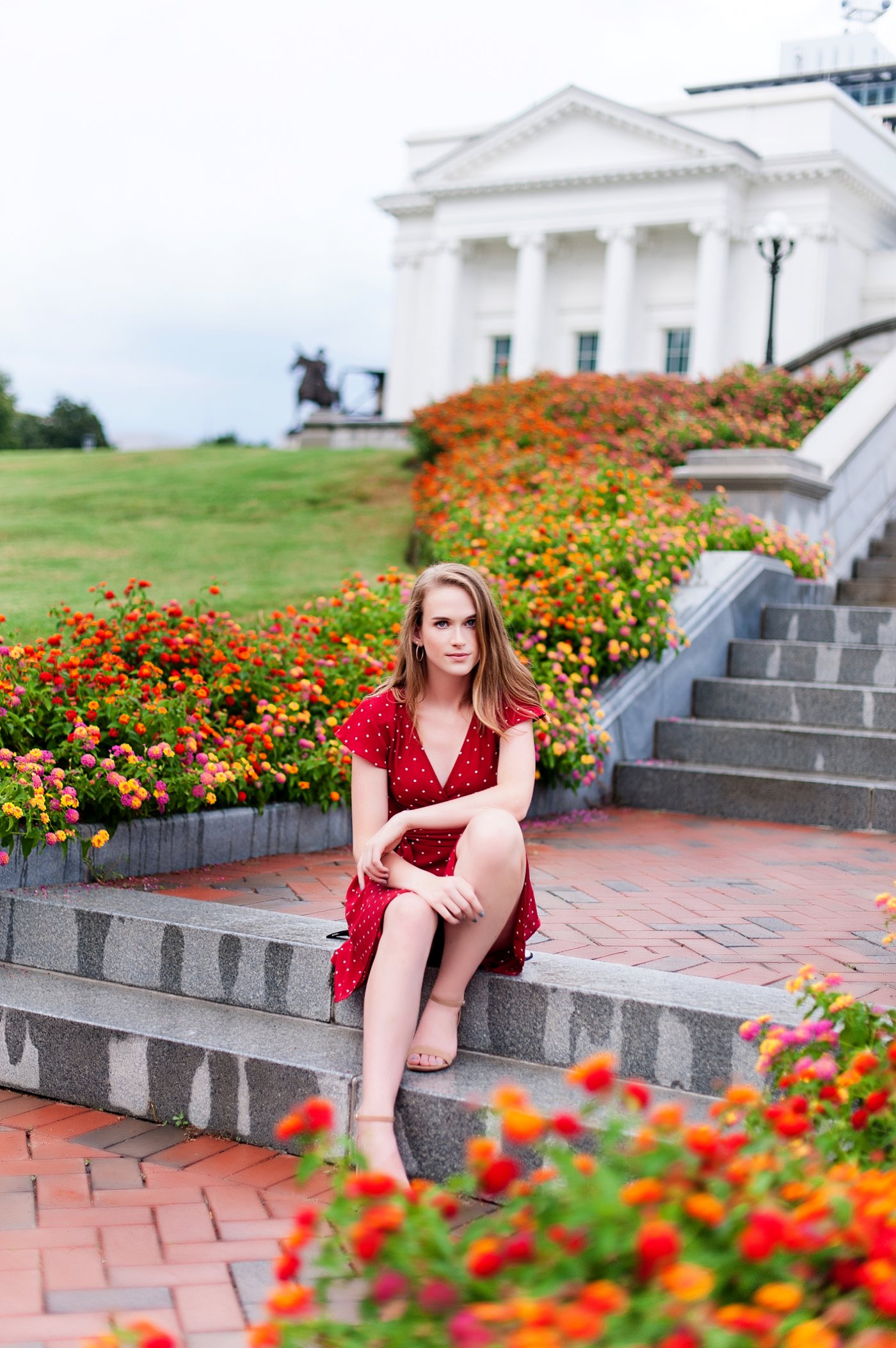 richmond senior pics red dress at virginia state capitol